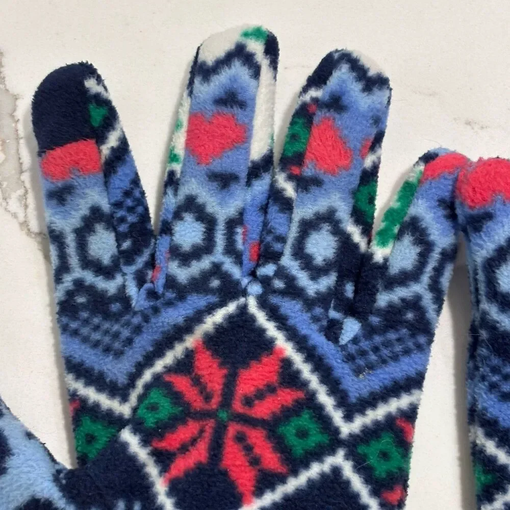 LANDS' END Women's Fleece Fair Isle Print Reindeer Snowflakes Scarf Gloves Set 7
